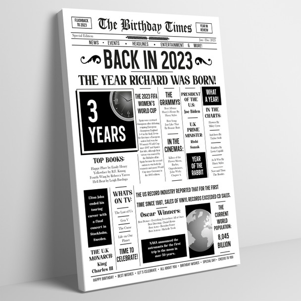 Born In 2023 White Newspaper Birthday Facts Any Year Any Age Personalised Print