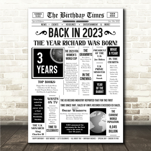 Born In 2023 White Newspaper Birthday Facts Any Year Any Age Personalised Print