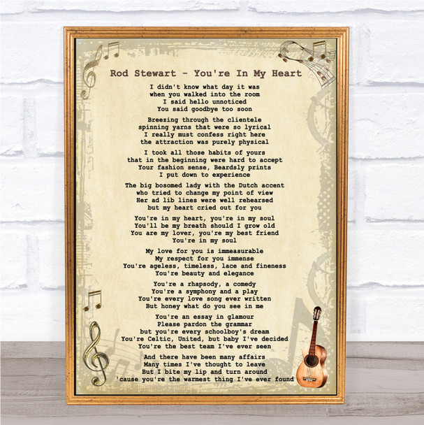 Rod Stewart - You're In My Heart Song Lyric Guitar Quote Print