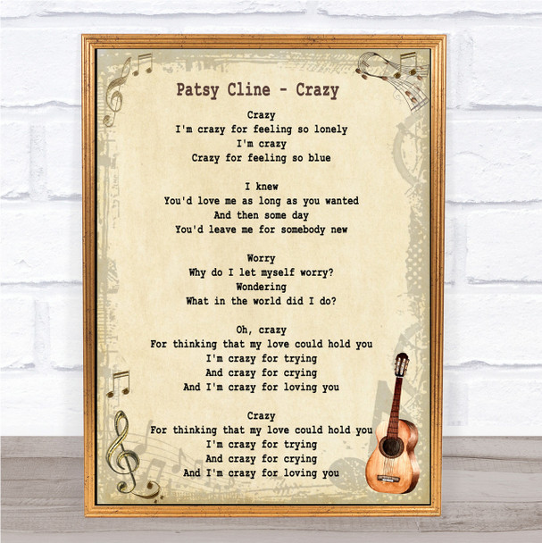 Patsy Cline Crazy Song Lyric Vintage Quote Print