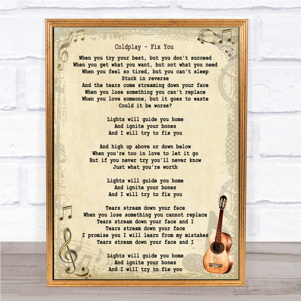 Coldplay Fix You Song Lyric Vintage Quote Print