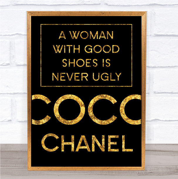 Black & Gold Coco Chanel Woman With Good Shoes Quote Wall Art Print