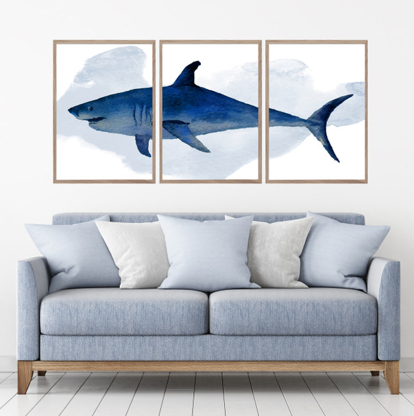 Great White Shark Watercolour Set Of 3 Wall Art Home Decor Picture Framed Prints