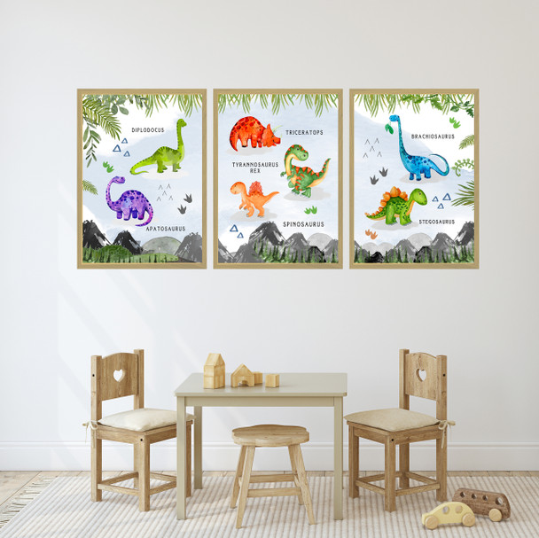 Watercolour Dinosaur Set Of 3 Children's Nursery Bedroom Wall Art Framed Prints