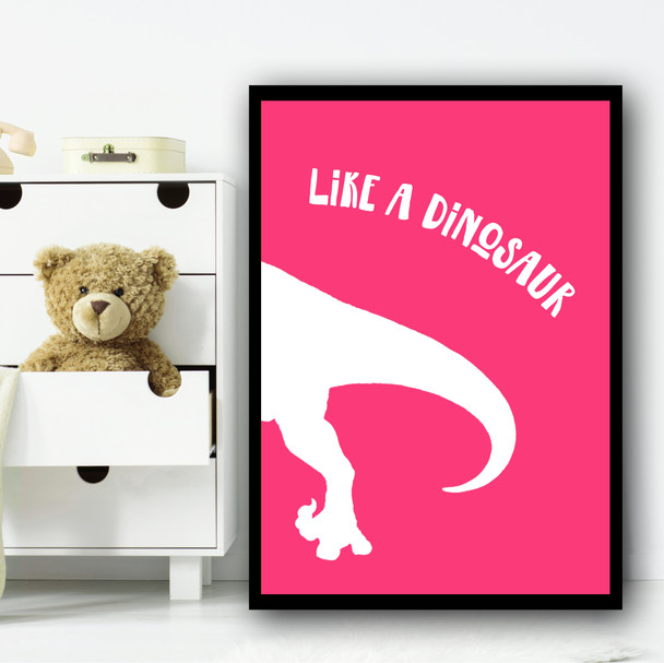 Dinosaur Colour Silhouette Pink Set 2 Children's Nursery Bedroom Wall Art Print