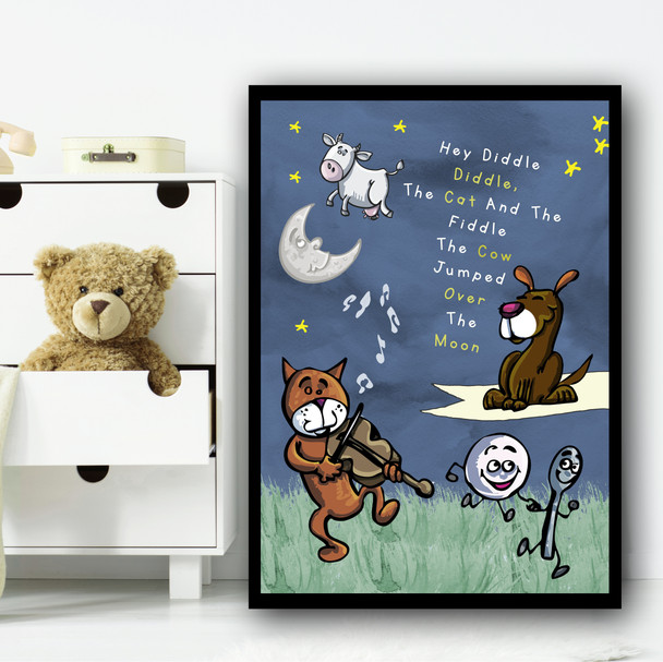 Hey Diddle Diddle Nursery Rhyme Children's Nursery Bedroom Wall Art Print