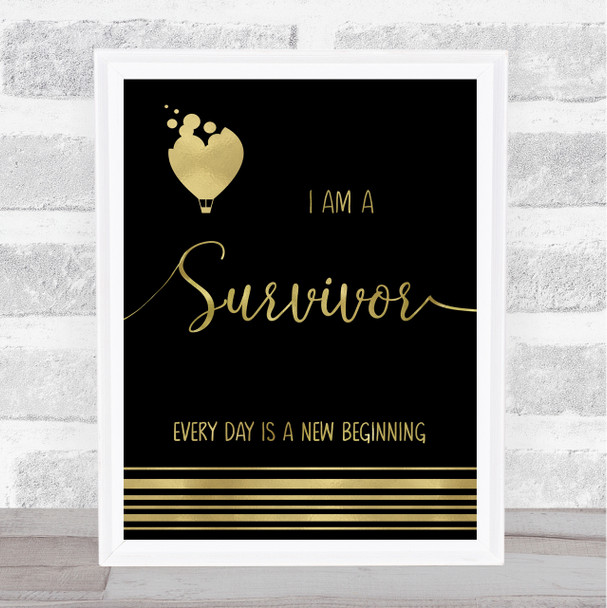 I Am A Survivor Rainbow Balloon Gold Black Quote Typography Wall Art Print