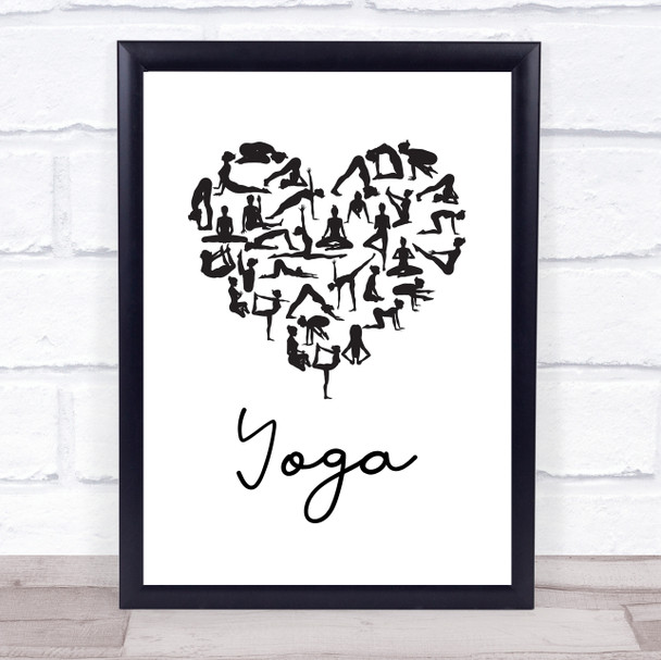 Love Yoga Heart Silhouette Black & White Quote Typography Wall Art Print
