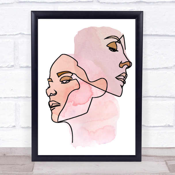 Abstract Watercolour Line Art Two Faces Peach Pink Decorative Wall Art Print