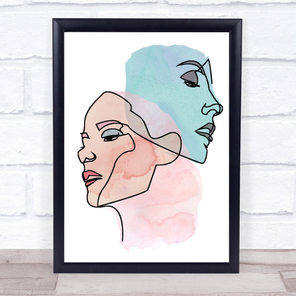 Abstract Watercolour Line Art Two Faces Pink Blue Decorative Wall Art Print