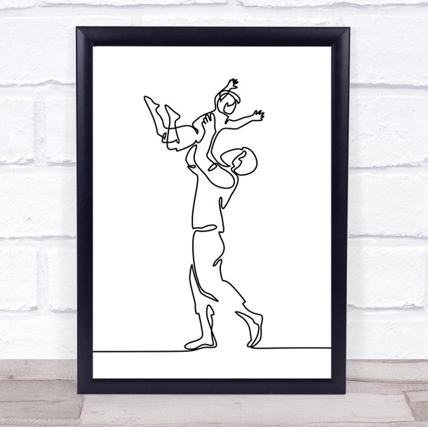 Black & White Line Art Dad And Small Child Decorative Wall Art Print