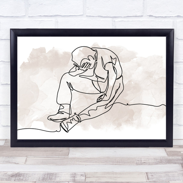 Watercolour Line Art Sad Depressed Man Decorative Wall Art Print