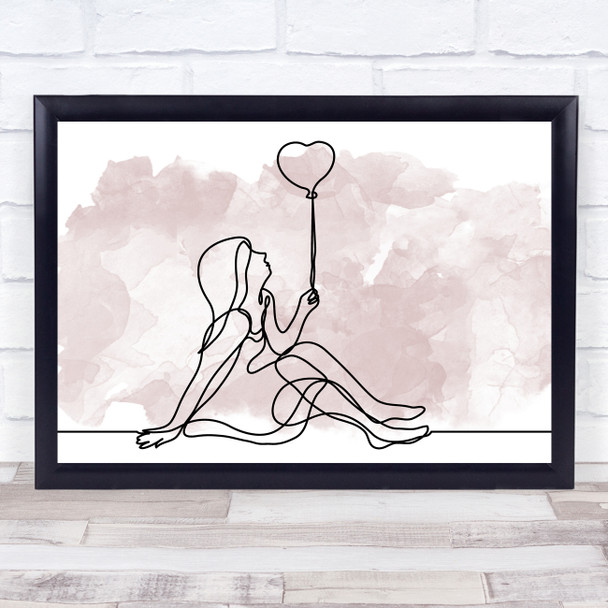 Watercolour Line Art Girl And Balloon Decorative Wall Art Print