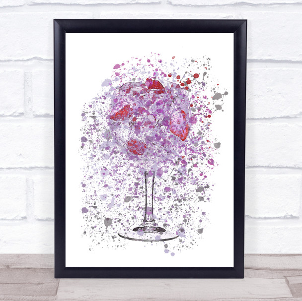 Watercolour Splatter Violet Purple Gin & Strawberries Glass Wall Art Print