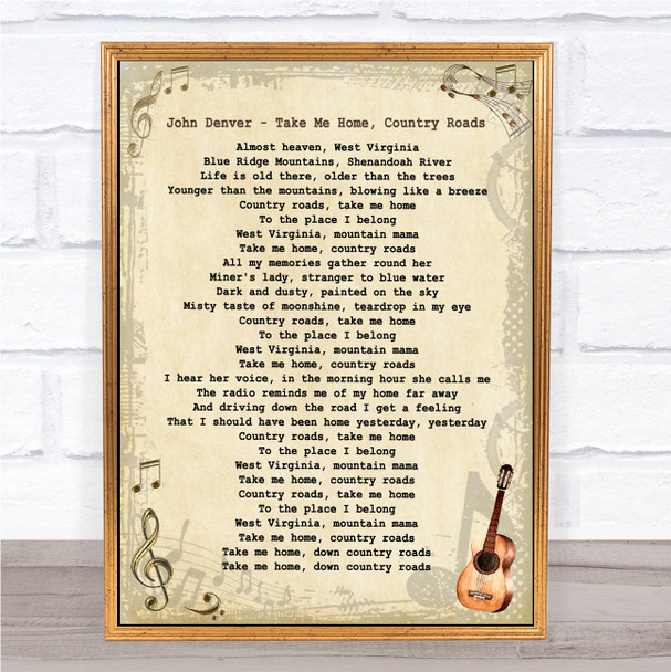 John Denver Take Me Home, Country Roads Vintage Guitar Song Lyric Print