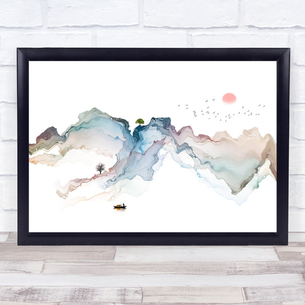 Beautiful Watercolour Japanese Mountains Wall Art Print