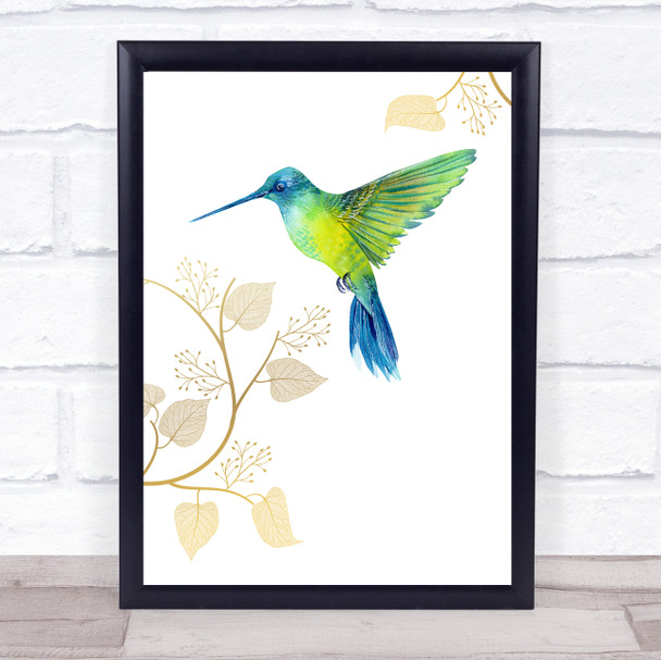 Green & Blue Hummingbird Beautiful Gold Floral Wall Art Print