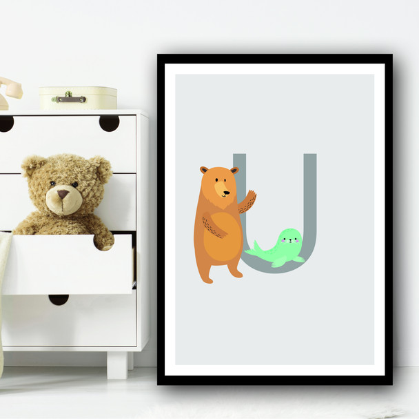 Animal Collection Letter U Children's Kids Wall Art Print