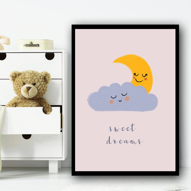 Sweet Dreams Moon Cloud Dusky Pink Children's Kids Wall Art Print