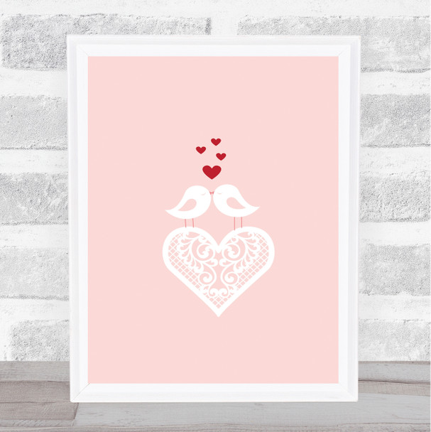2 Birds Kissing Lace Heart Home Wall Art Print