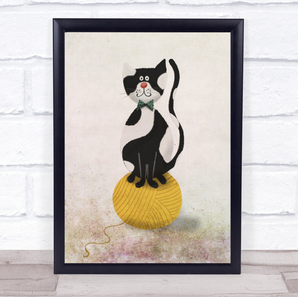 Cat Ball On String Vintage Watercolour Yellow Minimalist Wall Art Print