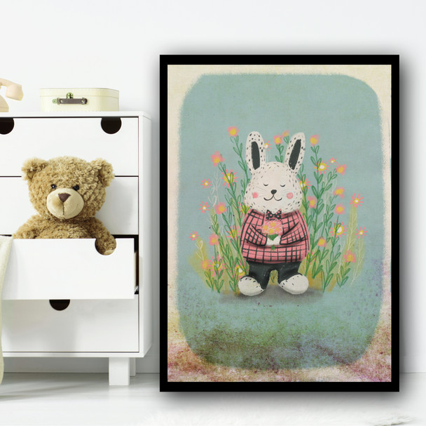 Rabbit Vintage Style Rustic Flowers Wall Art Print