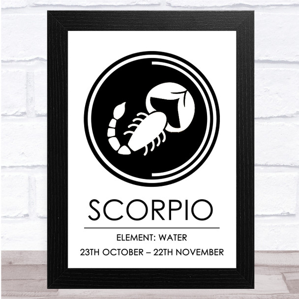 Zodiac Star Sign White & Black Element Scorpio Wall Art Print