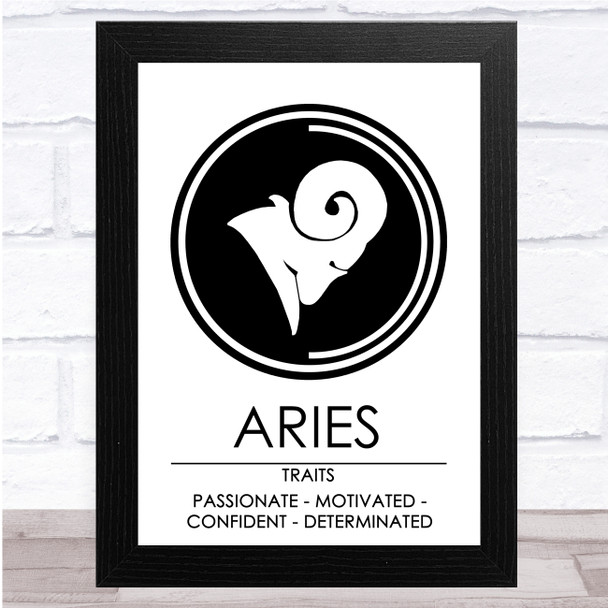 Zodiac Star Sign White & Black Traits Aries Wall Art Print