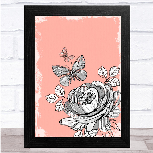 Vintage Flower & Butterflies Light Pink Distressed Wall Art Print