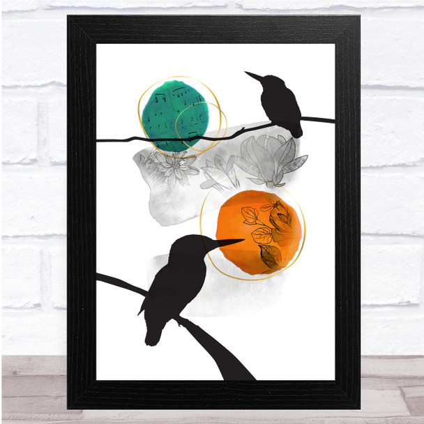 Birds Two Branches Floral Tones Teal & Orange Wall Art Print
