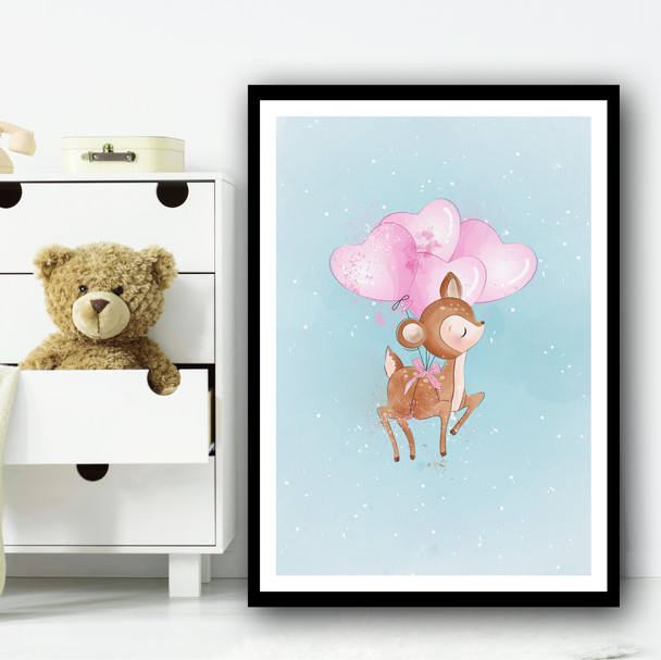 Cute Baby Deer With Heart Balloon Pink Wall Art Print