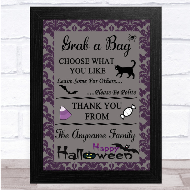 Grab A Bag Purple Damask Halloween Personalised Wall Art Print