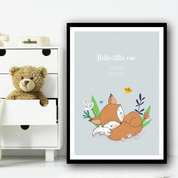 Hello Little One Cute Fox Sleeping Floral Personalised Wall Art Print