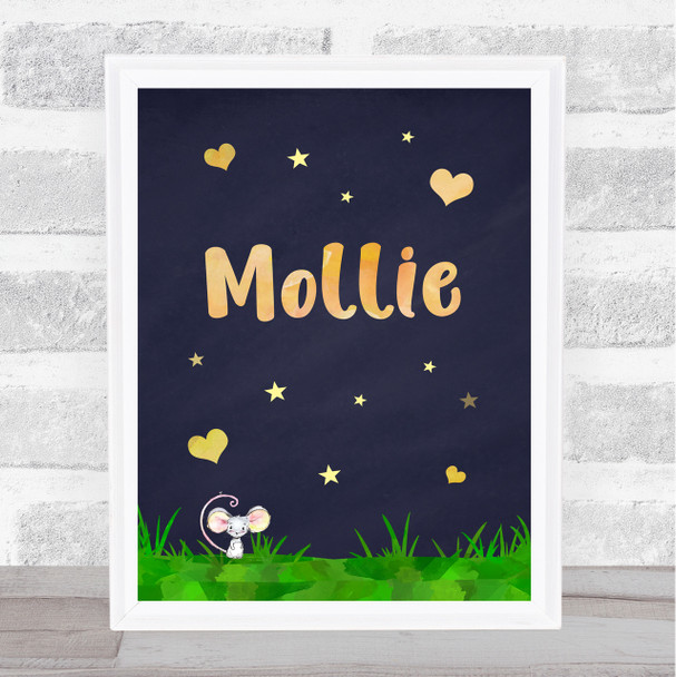 Little Mouse Blue Chalk Gold Stars And Hearts Personalised Wall Art Print