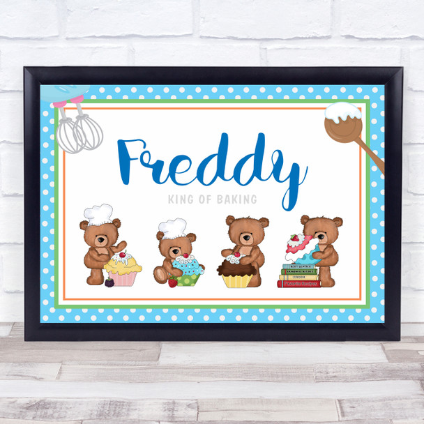 Baking Cakes Teddy Landscape Blue Personalised Wall Art Print