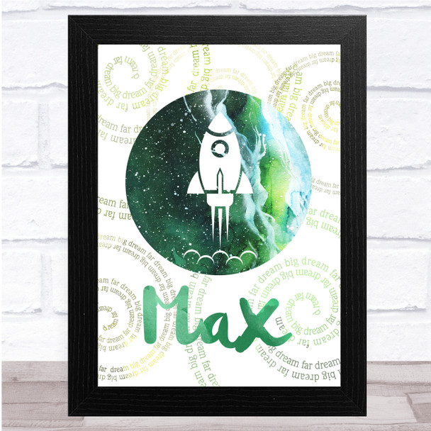 Space Watercolour Galaxy Spirals Rocket Green Personalised Wall Art Print