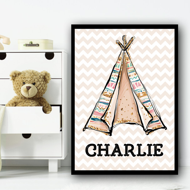 Tepee Tent Gold Sparkle Zig Zag Any Name Personalised Wall Art Print