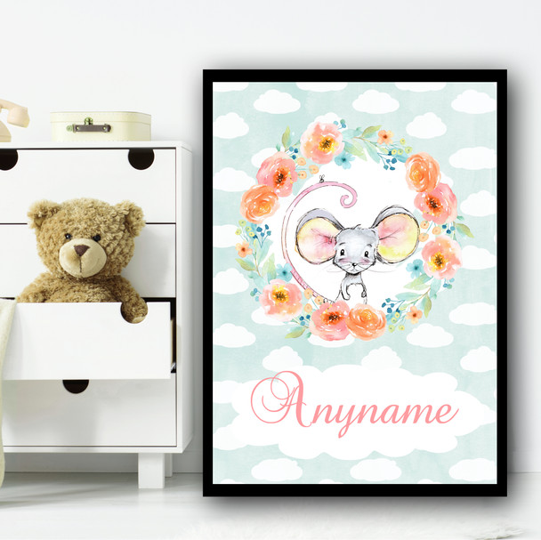 Watercolour Mouse Floral Wreath Any Name Personalised Wall Art Print