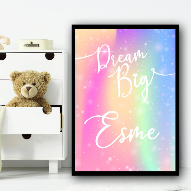 Watercolour Rainbow Sparkle Dream Big Any Name Personalised Wall Art Print