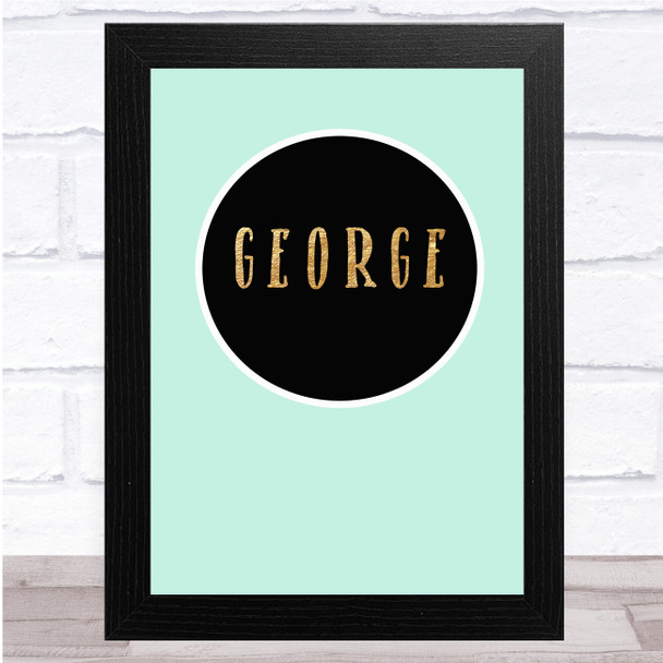 Black Circle Gold Text Cyan Any Name Personalised Wall Art Print