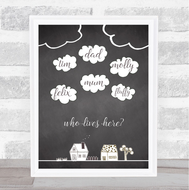 Chalk Clouds And Cartoon Houses Who Lives Here Personalised Wall Art Print