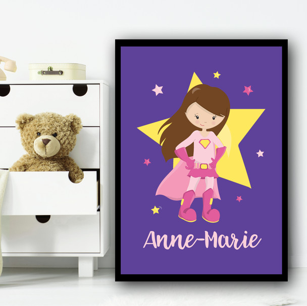 Girl Brown Hair Hands On Hips Purple Personalised Wall Art Print