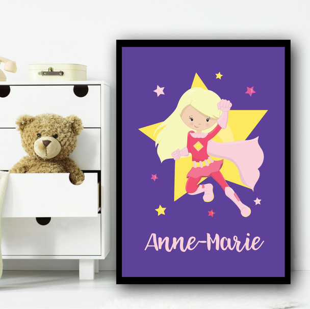 Girl Hero Blonde Hair Purple Any Name Personalised Wall Art Print