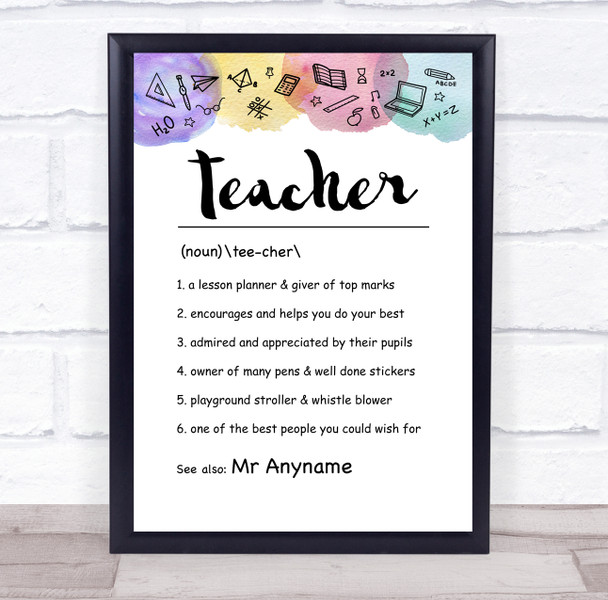 Watercolour Teacher Dictionary Definition Personalised Wall Art Print