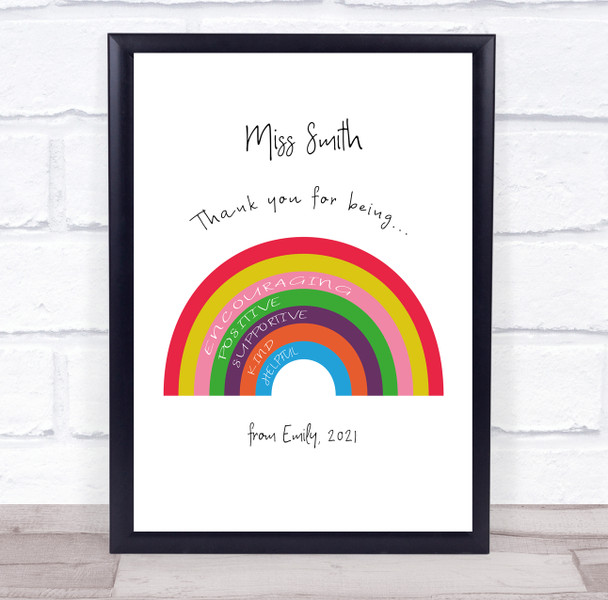 Thank You Teacher Bright Rainbow Colours Personalised Wall Art Print