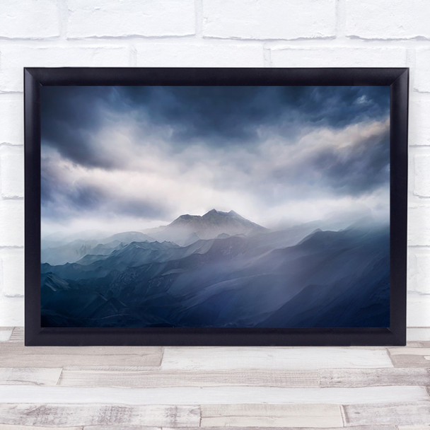 Blue Toned Soft Mountains Ridge Mountain Sky Clouds Wall Art Print