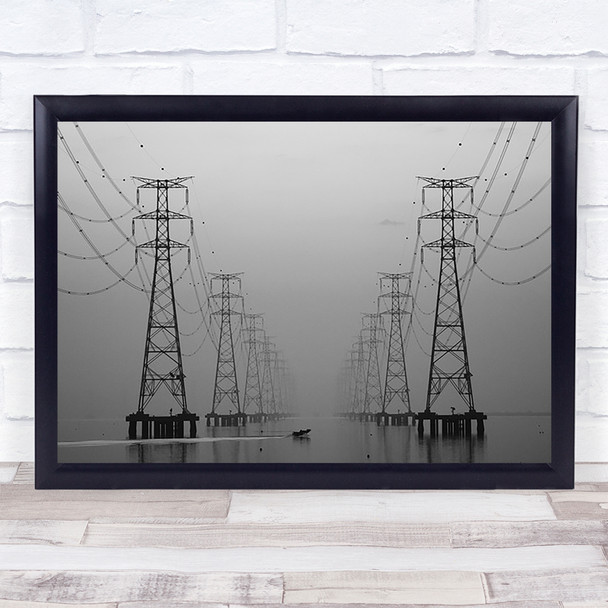 centre Pylon Pylons Metal Tower Towers Cable Cables Water River Wall Art Print