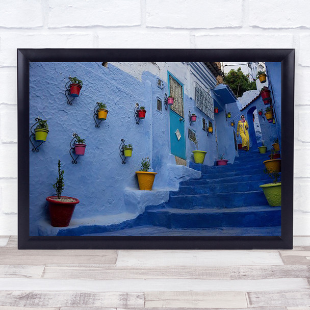 Colour In Morocco Stairs Woman Person Building Pots Plants Door Street Art Print