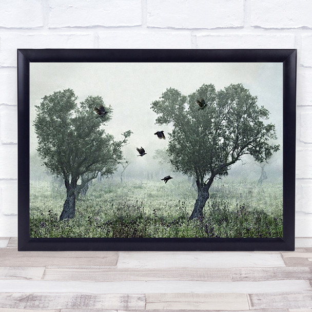 Crows In The Mist Fog Birds Haze Trees Emotion Wall Art Print