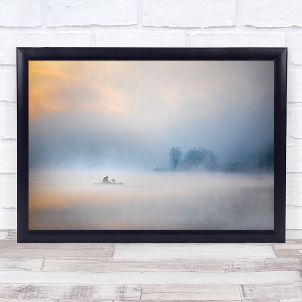 Dawn Morning Lake Reflection Clouds Fishing Foggy Sunrise Water Wall Art Print